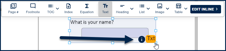 Screenshot showing a Text container with the text and the form field inside. The "i" can be seen, indicating that there's an inline element - the Form container. 