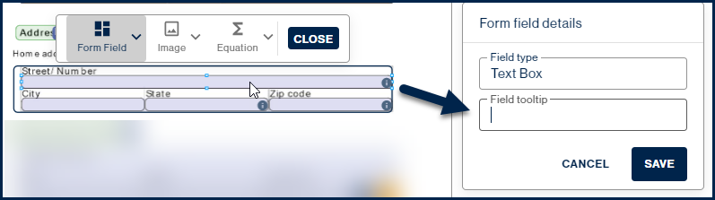 The "Field tooltip" field is highlighted, in the "Form field details" dialog box. 