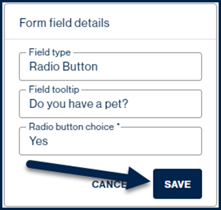 The "Save" button is highlighted in the "Form field details" dialog box. 