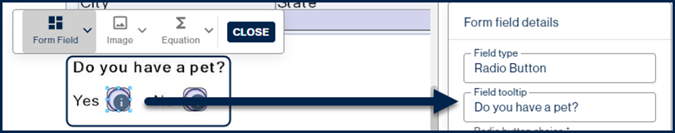 Screenshot showing the tooltip for a "Yes" radio button, as described in the preceding paragraph. 