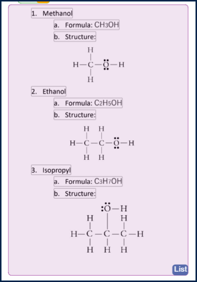 Screenshot showing a list in a List container.  There are chemical structure diagrams, however, that are not included in the list items.