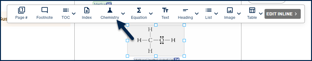 A chemical symbol is highlighted on the page and the toolbar is open, showing "Chemistry" as an option.