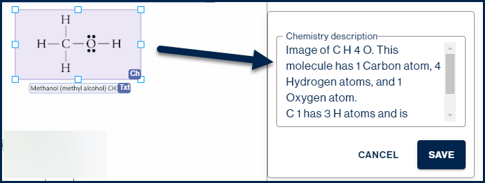 The "Chemistry description" field is highlighted, showing the description of the chemical symbol that CL Online automatically generated.