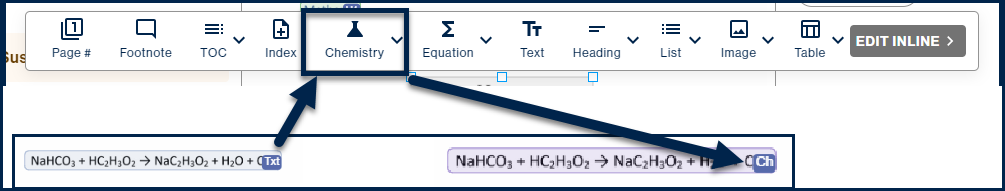 Screenshot showing a Text container for a chemical equation being converted to a Chemistry container. In the toolbar, the button for "Chemistry" is highlighted.