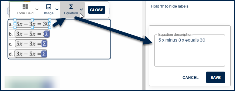 Screenshot showing the first equation in the list selected, the "Equation" button has been clicked, and the description is displayed in the "Equation description" dialog box.
