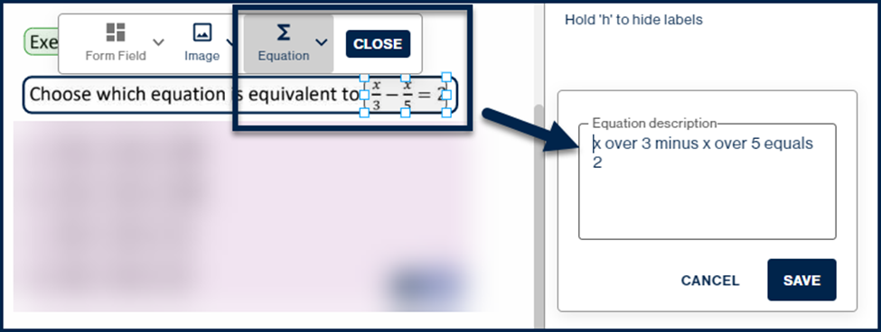 Screenshot showing an Equation container selected and the "Equation description" dialog box is open.  The "Save" button can also be seen.
