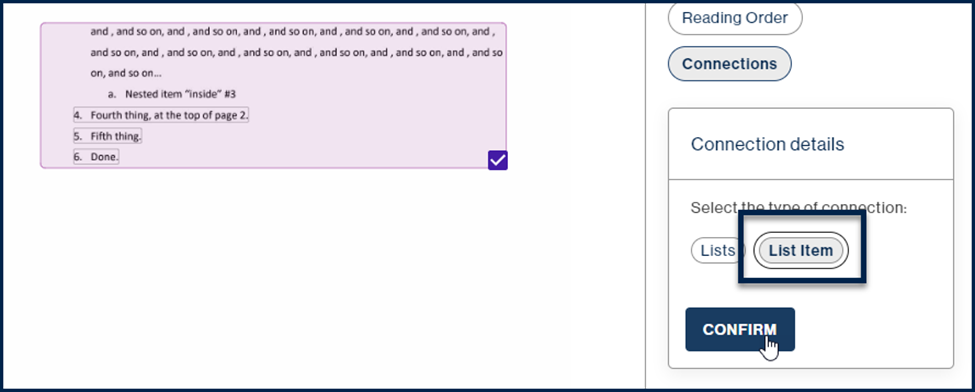 Screenshot of the "Connection details" with "List item" highlighted.  Also in the screenshot, in the page view, there is a list container where the text at the top of it is a continuation of the content in the list item on the previous page. 