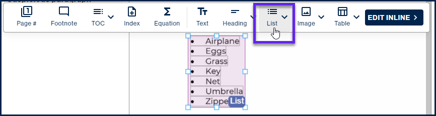 Screenshot showing the List button in the toolbar after clicking on a container. 
