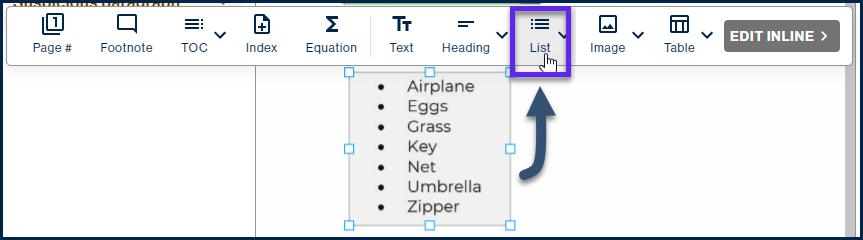 A box is drawn around a list in the page view and, in the toolbar, the List button is highlighted. 