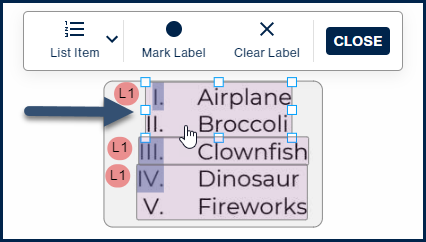 Screenshot highlighting the "resize" boxes on the selected List Item. 