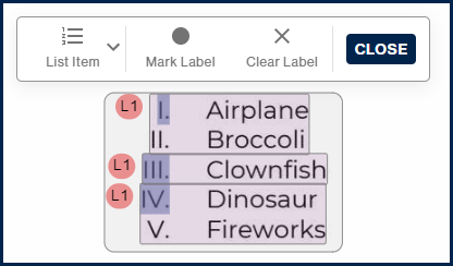 The child toolbar, for lists, to edit List Items and Mark or Clear labels.  There is also a "Close" button which will close the toolbar. 