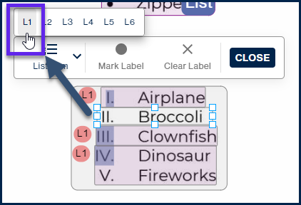 The "L1" option is highlighted, in the List Item menu, to create a new List Item at the first level. 