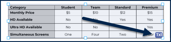 Screenshot of a table, in the page view, that has been identified as text. 