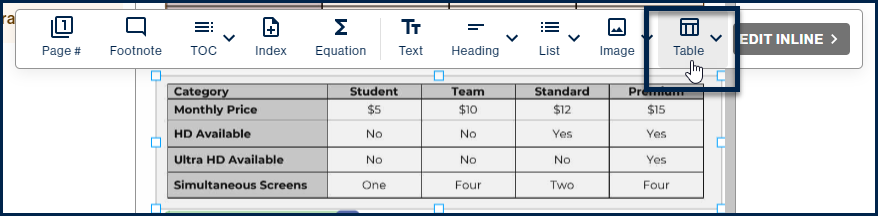 Screenshot showing a table selected in the page view.  The toolbar, to mark it as a Table, is open and the Table button is highlighted. 