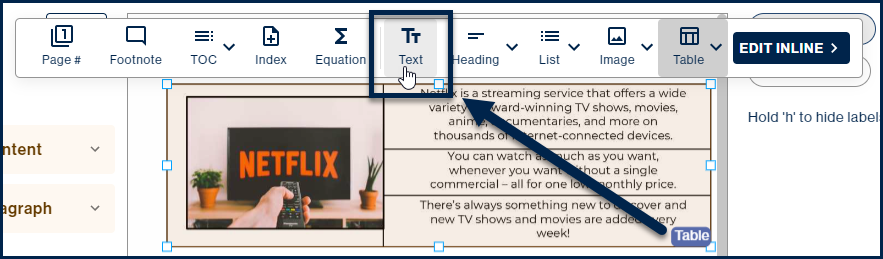 Screenshot showing a Table container selected, the toolbar is open, and the "Text" button is highlighted, to convert the Table container to a Text container. 