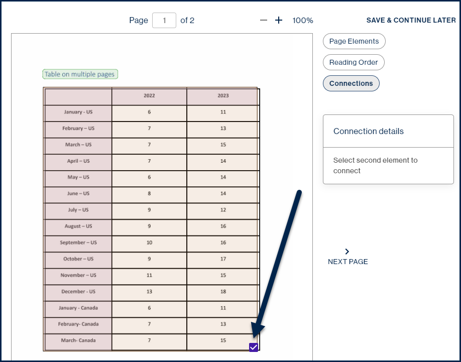 Screenshot showing the checkbox checked, at the lower right corner of the table, on the first page in the page view. 