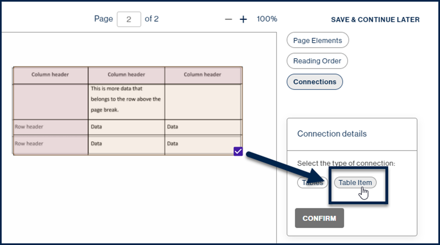 Screenshot showing the table on the second page, in CL Online, with the connection checkbox checked and, in "Connection details," "Table Item" is highlighted. 