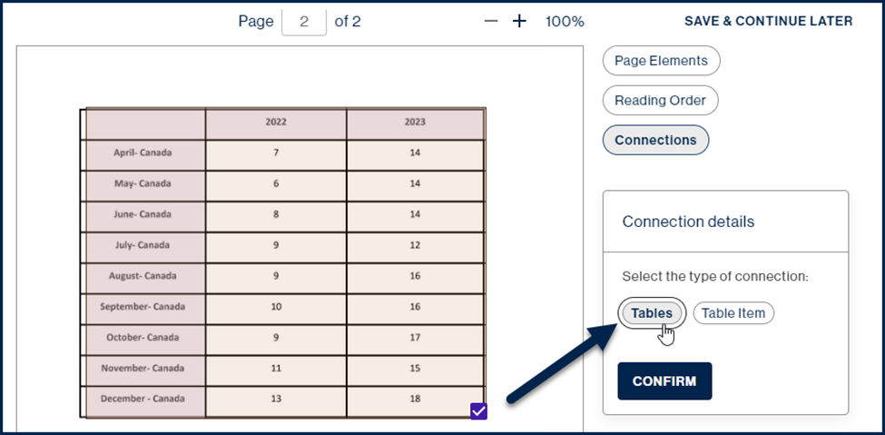 Screenshot showing the checkbox at the lower right corner of the table, on the second page, is checked and the "Tables" button is highlighted in the "Connection details." 