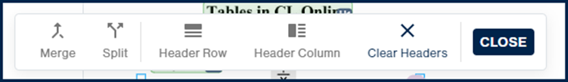 Screenshot of the "child toolbar" after clicking on the Table button in the toolbar from a Table container. 