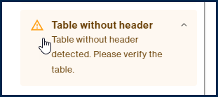 Screenshot of the warning that a table has been detected without any headers. 
