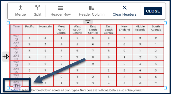 Screenshot highlighting the "TH" at the bottom of the column of header cells. 