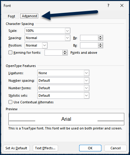 The Advanced tab at the top of the Font dialog box is highlighted.