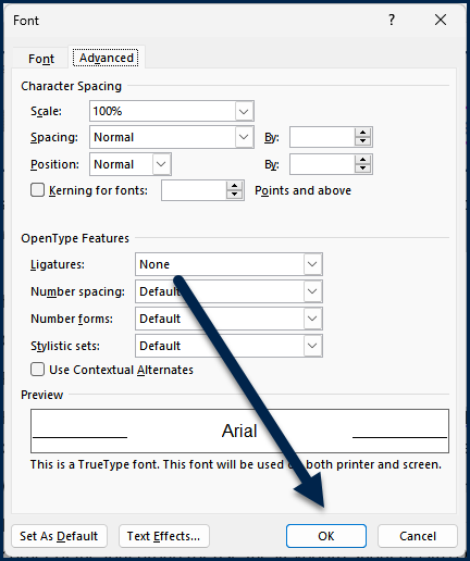 The "Ok" button is highlighted in the Font dialog box.