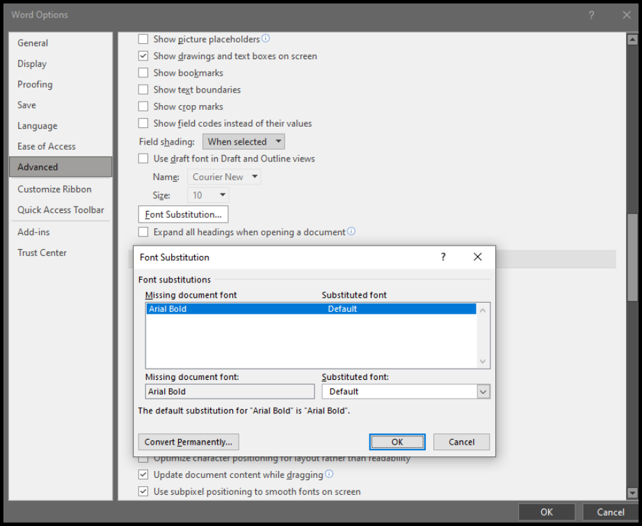 Screenshot showing Microsoft Word properties showing a Font Substitution need - before ever coming into contact with CommonLook Office.