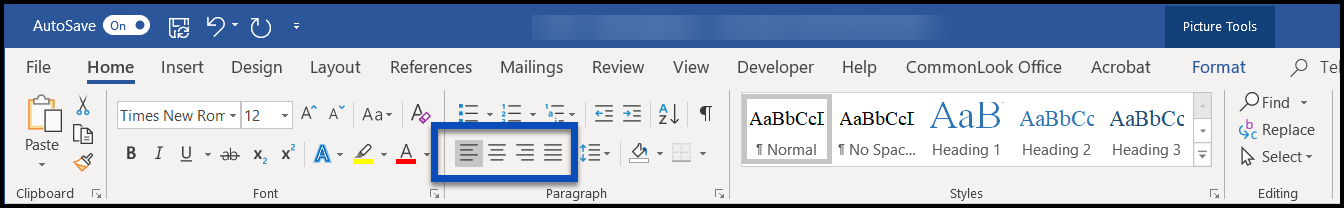 The text alignment options are highlighted in ribbon on the Home tab in Microsoft Word.  