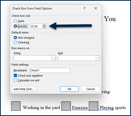 The Check Box Form Field options dialog box with the size set to 22pt.