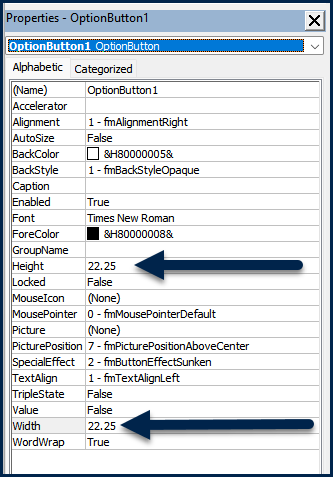 Screenshot showing the properties for an ActiveX control radio button.  The height and the width values are highlighted.