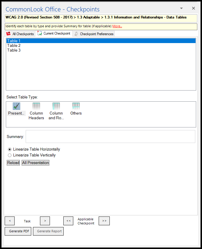 Screenshot of CommonLook panel while adjusting table type and characteristics.