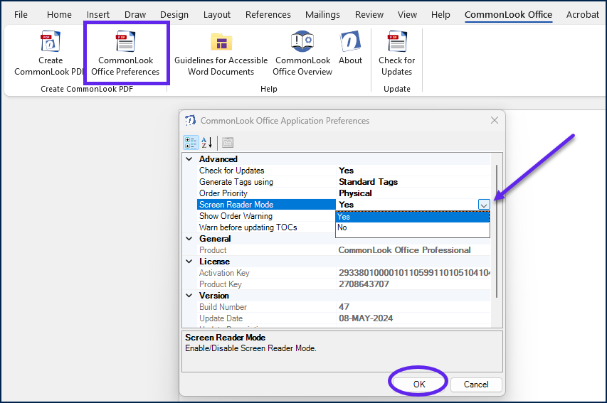screen shot of the CommonLook Office Preference button highlighted in the ribbon and the screen reader mode set to yes in the CommonLook Office application preference menu.  The OK button is also highlighted.