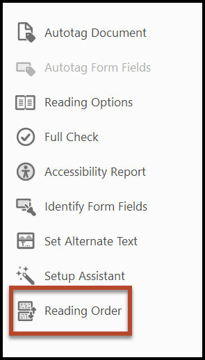 The Reading Order button is highlighted in the Acrobat Accessibility pane. 
