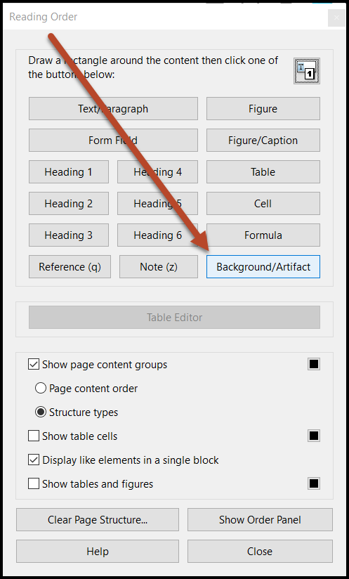 The Background/Artifact button is highlighted in the Reading Order tool. 