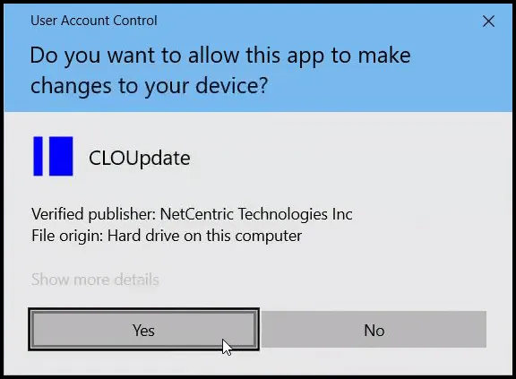 Screenshot of the User Account Control dialog in Windows, asking whether or not to allow the software to make changes to the device.