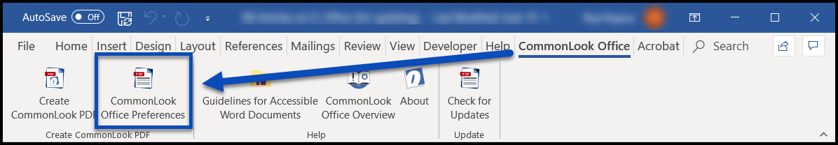 The CommonLook Office Preferences button is highlighted in the ribbon from the CommonLook Office tab.