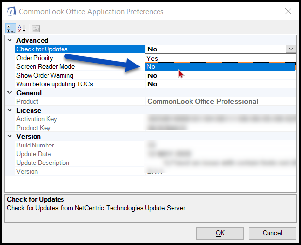 The "No" option is highlighted in the Check for Updates drop-down menu.