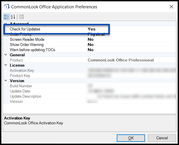 The Check for Updates option is highlighted in the Application Preferences panel.