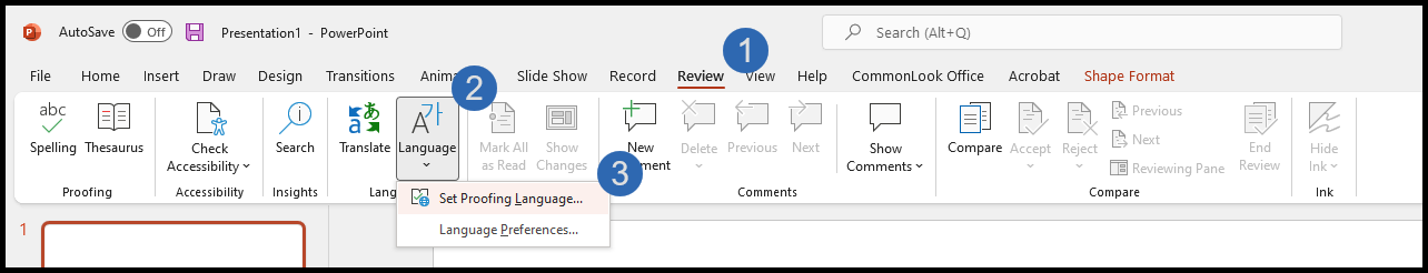 Screenshot showing the Language icon selected from the Review ribbon tab. 