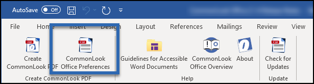 The CommonLook Office Preferences tab is highlighted in the ribbon from the CommonLook Office tab. 