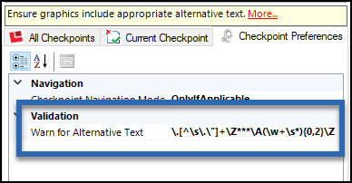 Screenshot of the Checkpoint Preferences tab with the Validation rules for Alternative text quality. 