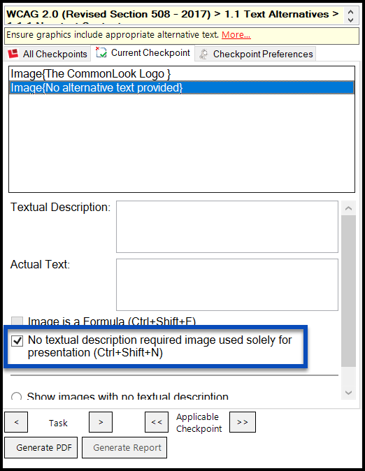 The checkbox for No Textual Description Required is highlighted in the CommonLook Panel. 