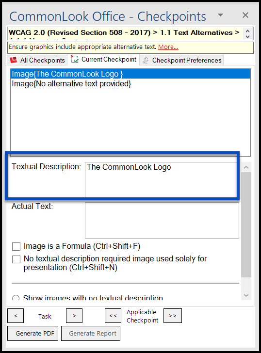 The Textual Description field is highlighted in the CommonLook Panel. 