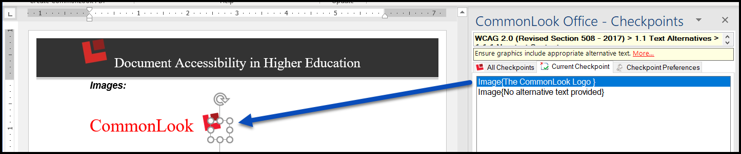 The alternative text checkpoint in CommonLook Office.  The images in the document are listed in the CommonLook Panel, the first item is selected, and that image is also highlighted in the Word document.  