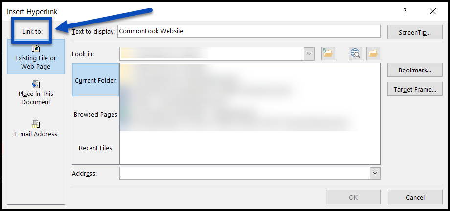 The Insert Hyperlink window.  The "Link to" options on the left are highlighted.  