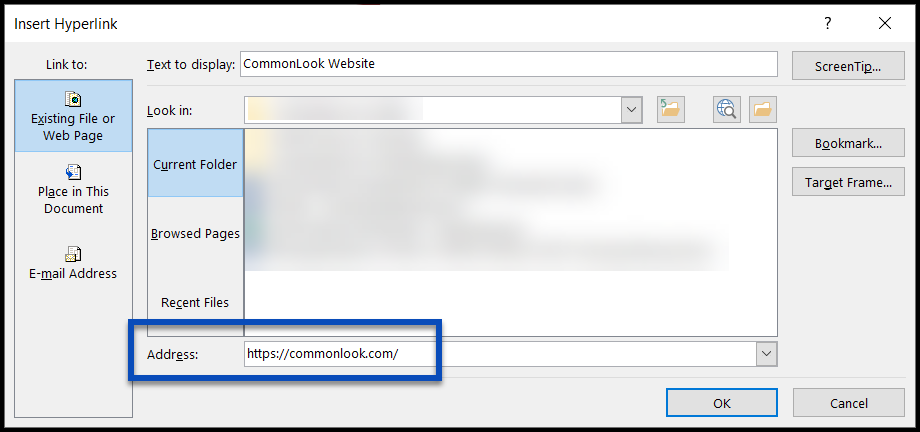 The Address field with the link URL is highlighted in the Insert Hyperlink dialog box.  