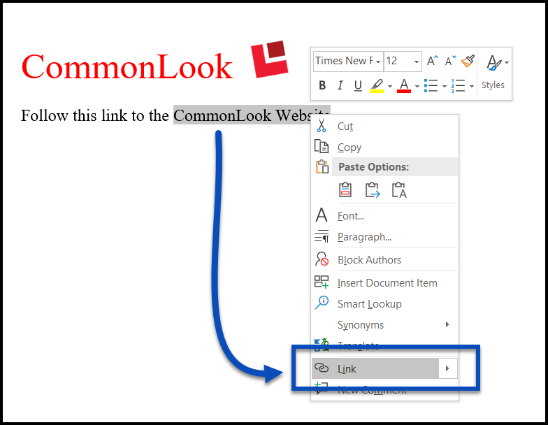 Text has been selected and the context menu is open.   The option to create a link is highlighted.  
