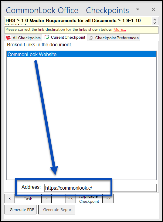 Screenshot of the Link Validity checkpoint in the HHS standard.  A link is identified and the bad URL is highlighted. 
