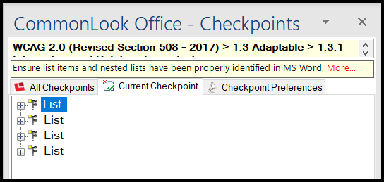 The CommonLook Office panel open on the list checkpoint.  The list of lists in the document is displayed.  